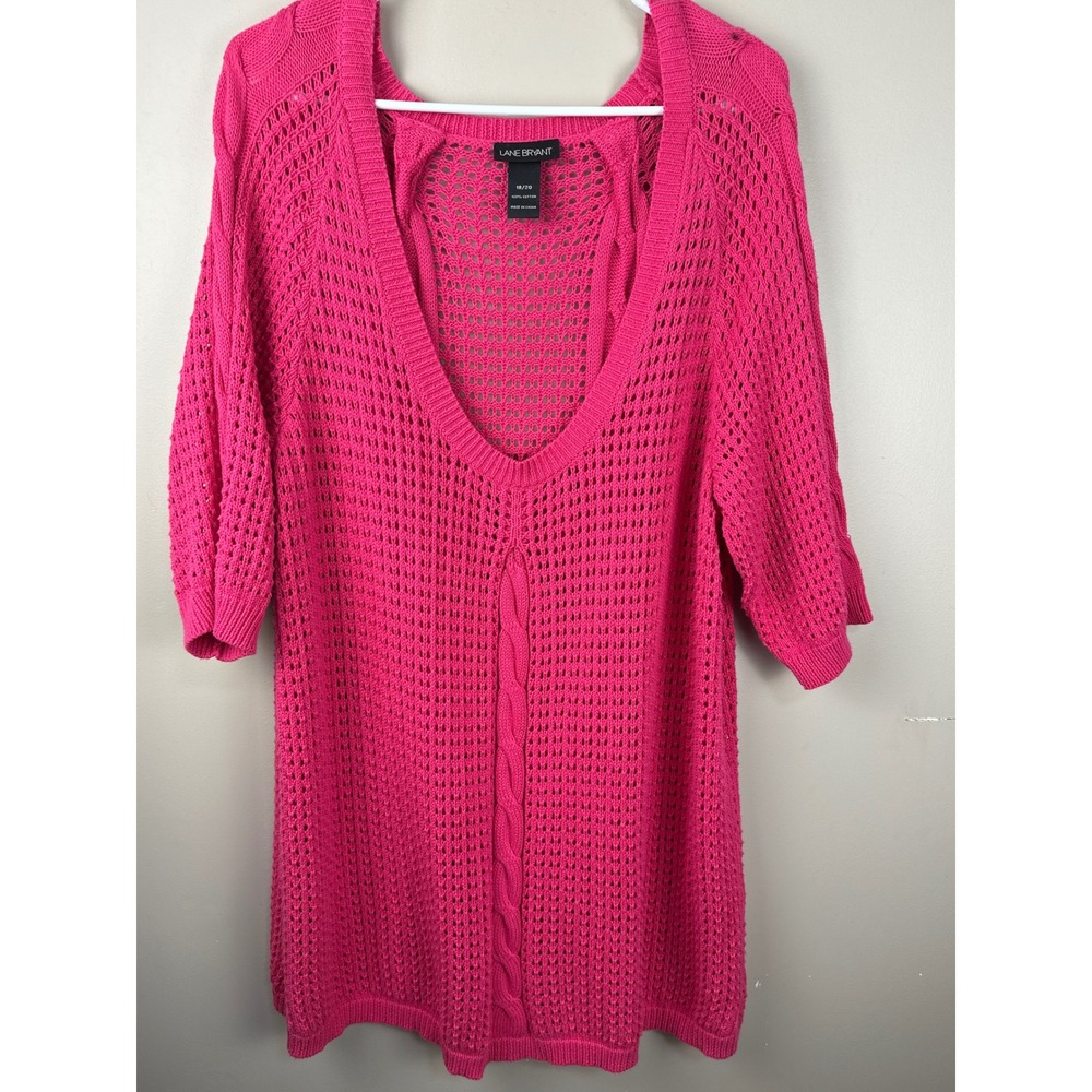 Lane Bryant Pink Open Knit V-Neck Sweater‎ Tunic 18/20 Cotton Cable Detail
